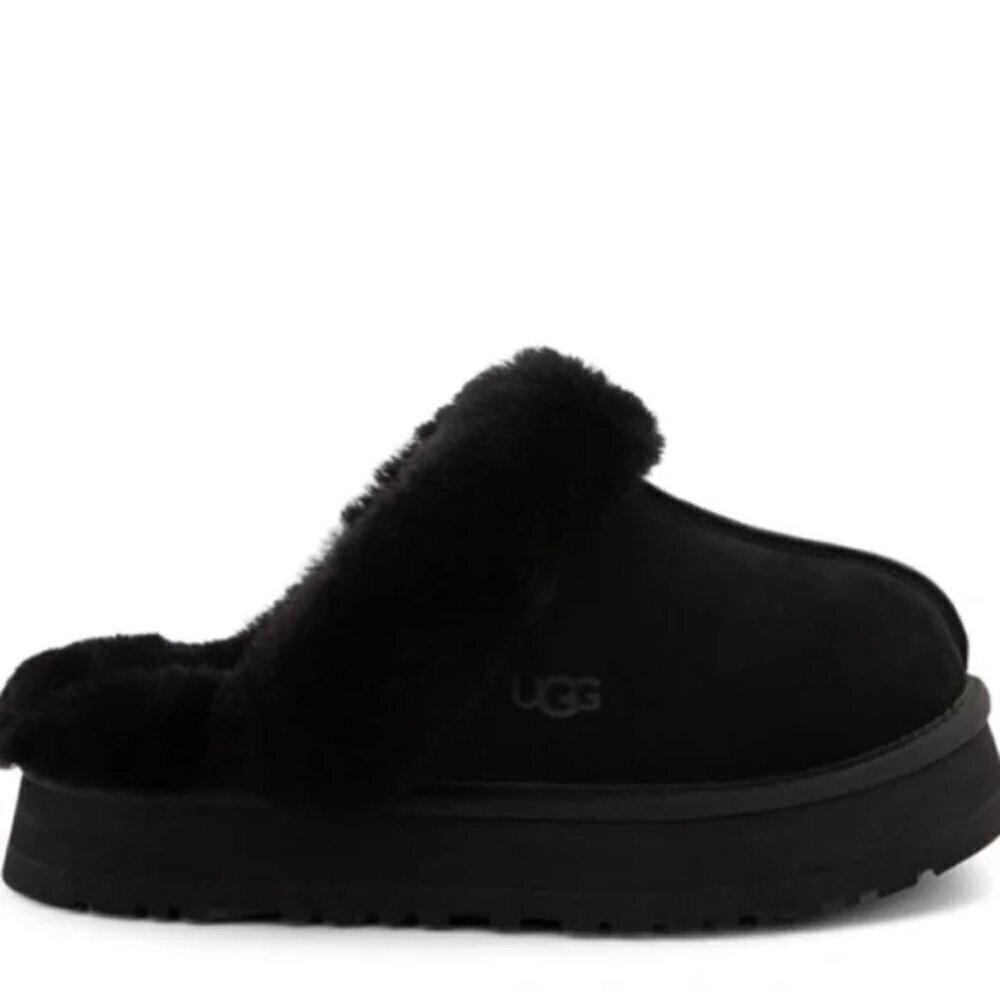 UGG Ladies Discquette Black Suede + Sherpa Mule Platform Clog Slippers Size 11